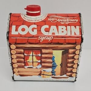 Log Cabin Syrup Vintage 100th Anniversary 1887-1987 Tin with Red Cap 4.75" Tall